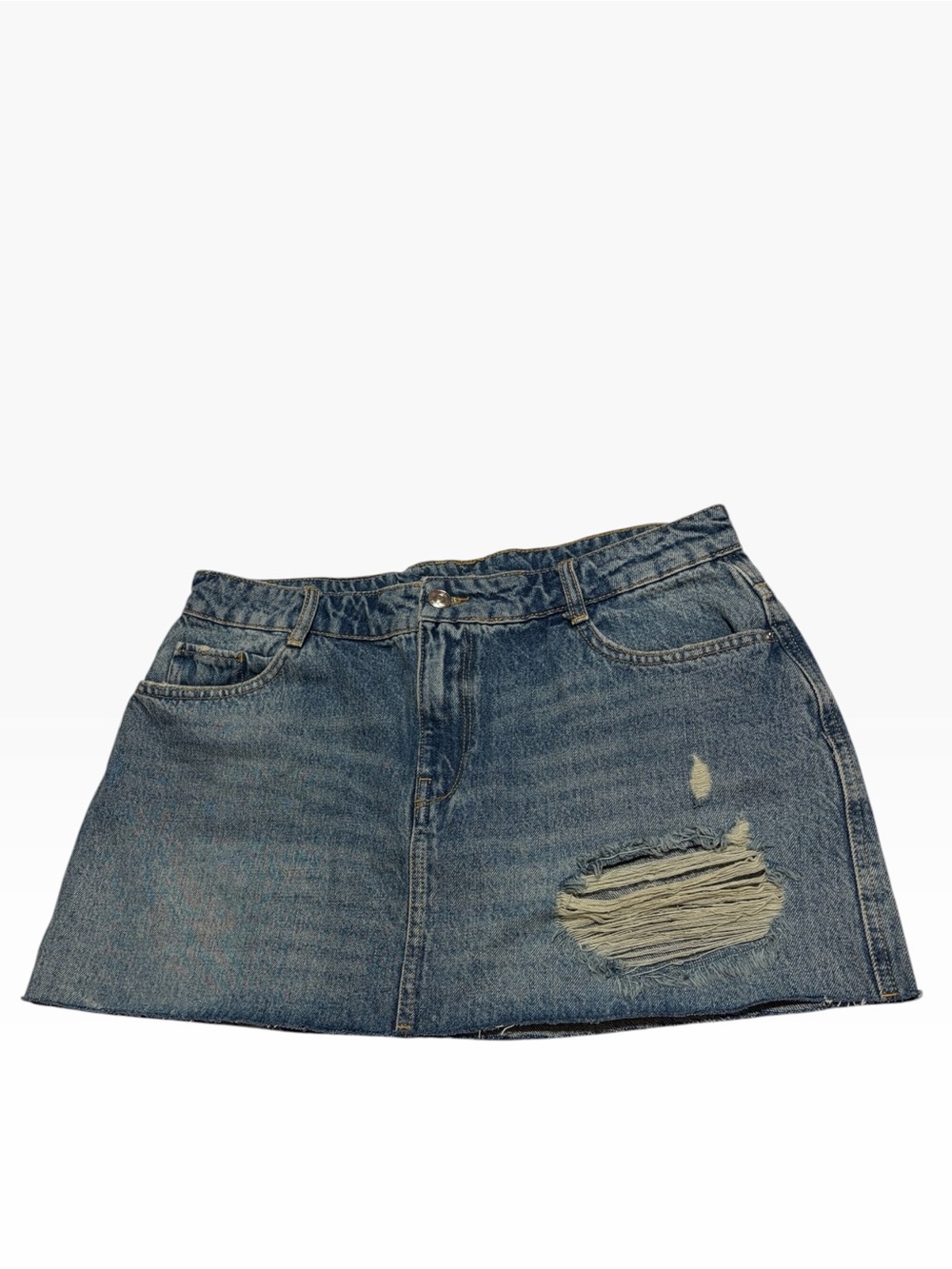 Zara High Rise Distressed Denim Mini Skirt 27P Y2K Ripped Raw Hem
